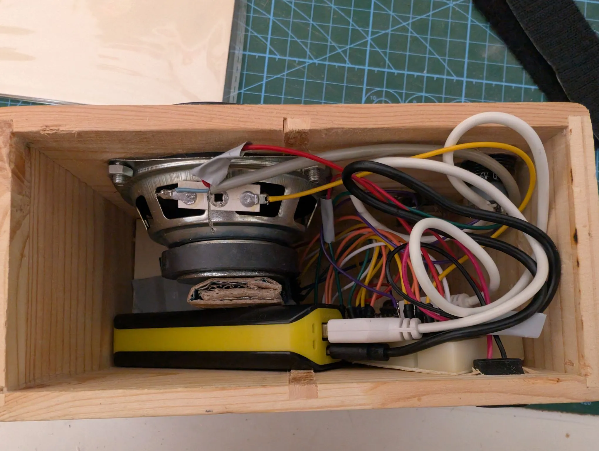 Las tripas: altavoz, batería y espagueti de cables reglamentario.